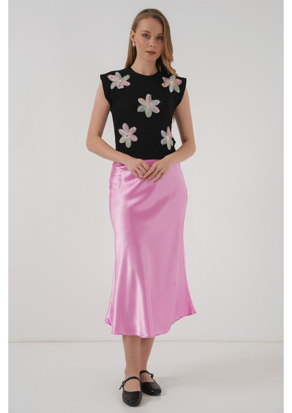 Kadın BDART Çiçek Desenli Nakışlı Ribana Crop Top Siyah