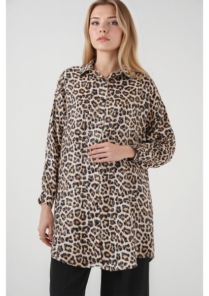 Kadın BDART Leopar Desenli Uzun Kol Düğmeli Gömlek Bej Doğal