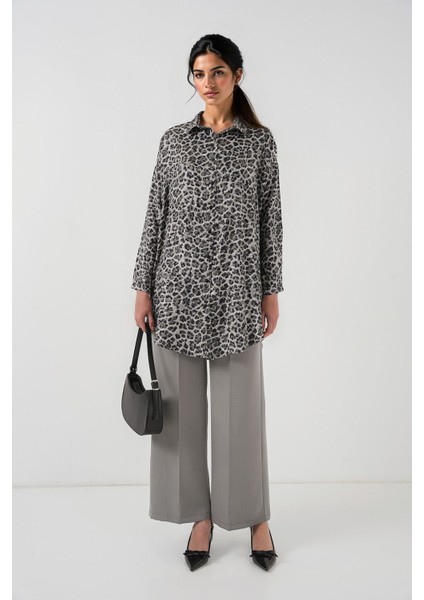 Kadın BDART Leopar Desenli Uzun Kol Düğmeli Gömlek Black