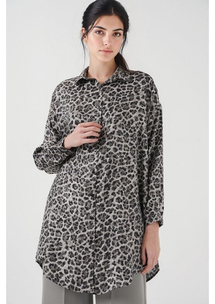 Kadın BDART Leopar Desenli Uzun Kol Düğmeli Gömlek Black