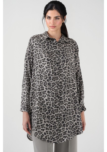 Kadın BDART Leopar Desenli Uzun Kol Düğmeli Gömlek Black