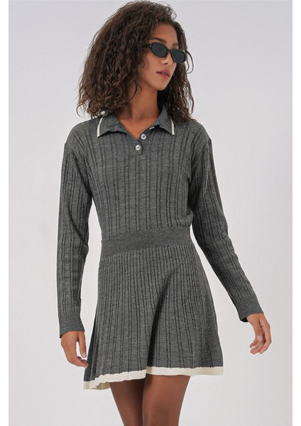 Kadın BDART Polo Yaka Dokulu Örme Koordinat Seti Kömür Grisi fiyatları