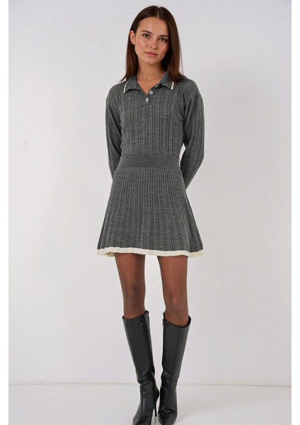 Kadın BDART Polo Yaka Dokulu Örme Koordinat Seti Kömür Grisi modelleri