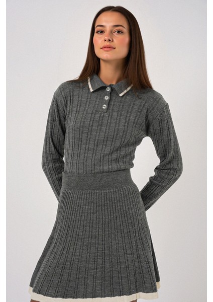 Kadın BDART Polo Yaka Dokulu Örme Koordinat Seti Kömür Grisi fırsatları
