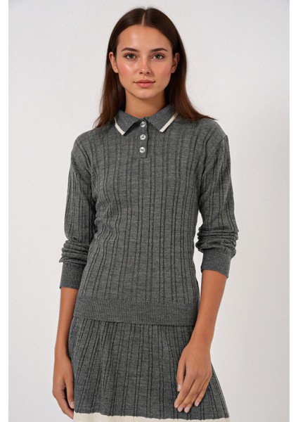 Kadın BDART Polo Yaka Dokulu Örme Koordinat Seti Kömür Grisi indirimleri