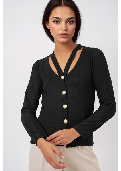 Kadın BDART Düğmeli Ribanalı V-Yaka Hırka Siyah indirimleri