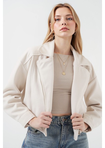 Kadın BDART Kısa Gabardin Ceket, Boxy Klasik Natural