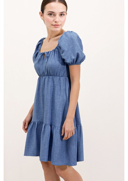 Kadın BDART Kemerli Kısa Mini Elbise ile Kare Yaka Gök Mavisi