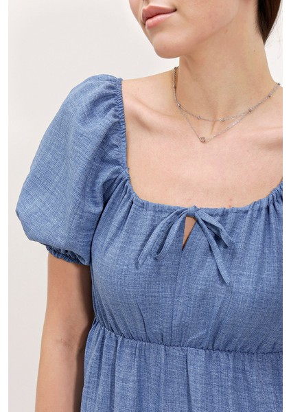 Kadın BDART Kemerli Kısa Mini Elbise ile Kare Yaka Gök Mavisi