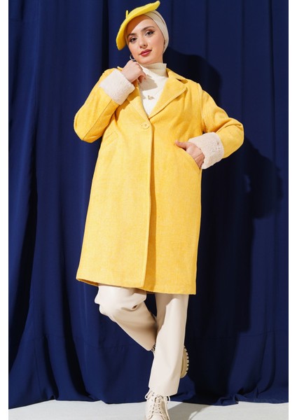 Kadın BDART Şal Yaka Kaşmir-Akrilik Herringbone Desenli Kaban Limon Sarısı