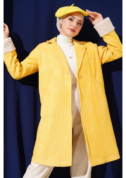 Kadın BDART Şal Yaka Kaşmir-Akrilik Herringbone Desenli Kaban Limon Sarısı