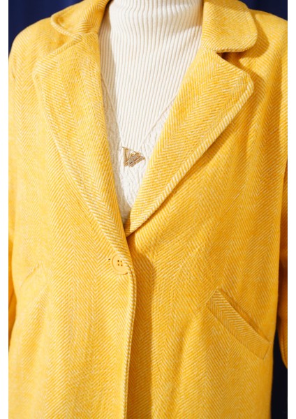 Kadın BDART Şal Yaka Kaşmir-Akrilik Herringbone Desenli Kaban Limon Sarısı