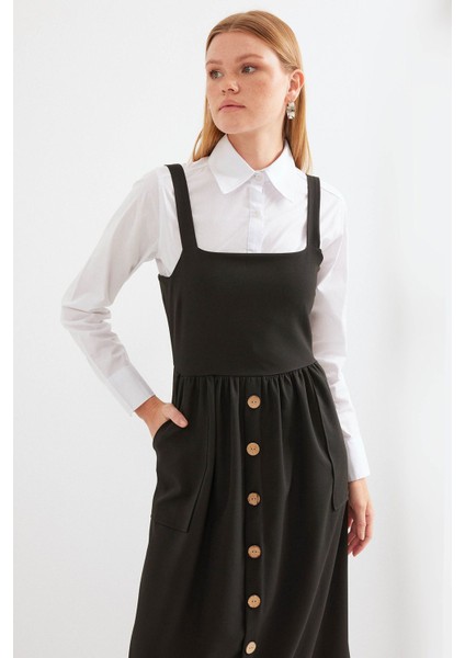 Kadın BDART Düğmeli Kare Yaka A-Form Maxi Elbise Siyah