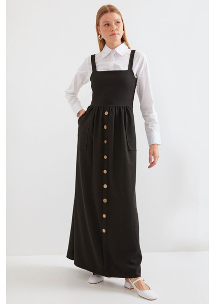 Kadın BDART Düğmeli Kare Yaka A-Form Maxi Elbise Siyah