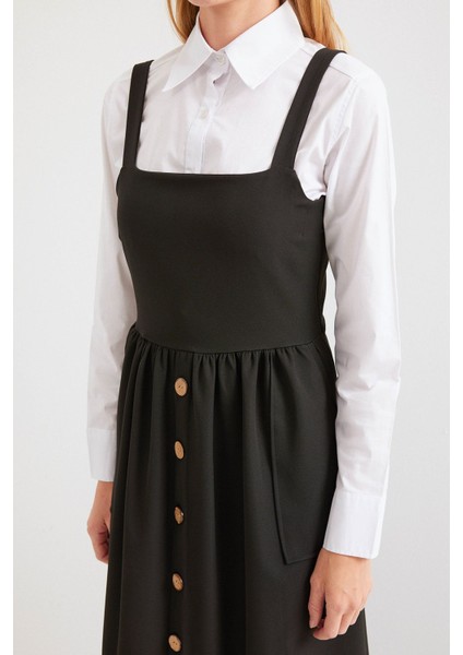 Kadın BDART Düğmeli Kare Yaka A-Form Maxi Elbise Siyah