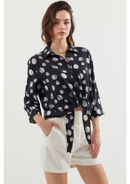 Kadın BDART Fiyonk Detaylı Desenli Viskon Gömlek Siyah indirimleri