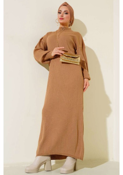 Kadın BDART Yüksek Yaka Ribanalı Triko Elbise Natural indirimleri