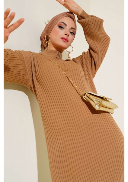 Kadın BDART Yüksek Yaka Ribanalı Triko Elbise Natural