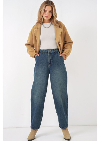 Kadın BDART Yüksek Bel Bol Kalıp Geniş Paça Denim Jean Lacivert indirimleri