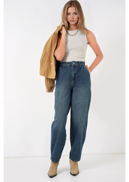 Kadın BDART Yüksek Bel Bol Kalıp Geniş Paça Denim Jean Lacivert