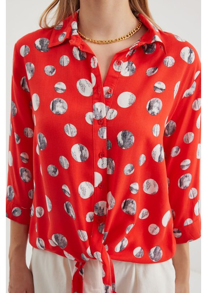 Kadın BDART Fiyonk Detaylı Desenli Viskon Gömlek Red