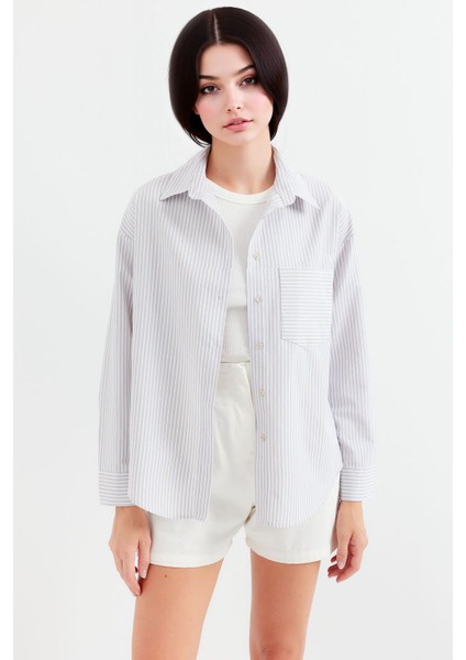 Kadın BDART Cep Detaylı Geniş Kesim Çizgili Poplin Gömlek Natural fırsatları