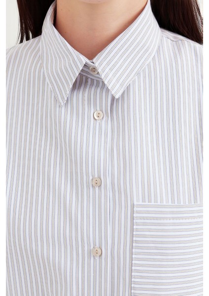 Kadın BDART Cep Detaylı Geniş Kesim Çizgili Poplin Gömlek Natural