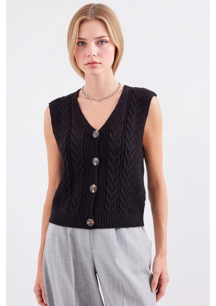 Kadın BDART Düğmeli Kısa V Yakalı Dokulu Yelek Black