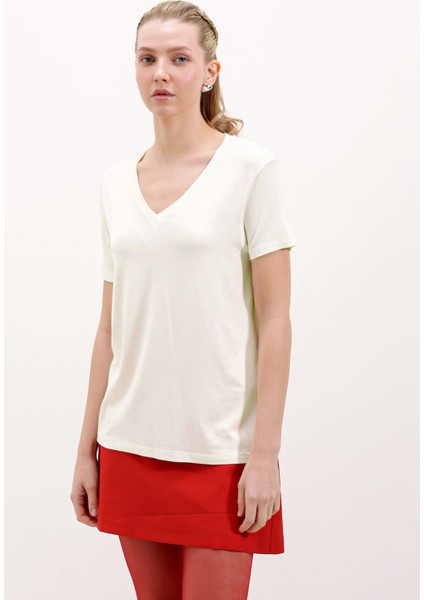 Kadın BDART Oversize V Yaka Örme Tişört White