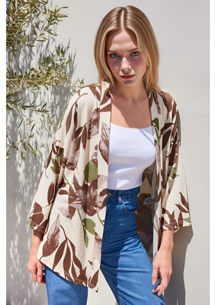 Kadın BDART Dokulu Rahat Fit Şal Yaka Kimono Haki Yeşil