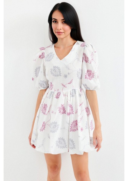 Kadın BDART Çiçekli Nakışlı V-Yaka Mini Elbise Fildişi Doğal modelleri