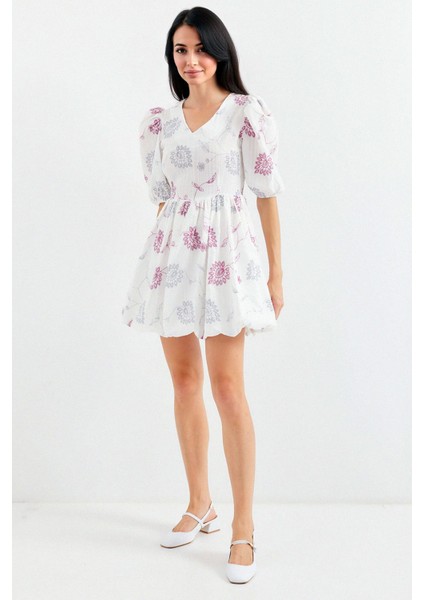Kadın BDART Çiçekli Nakışlı V-Yaka Mini Elbise Fildişi Doğal fırsatları