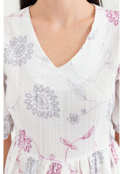 Kadın BDART Çiçekli Nakışlı V-Yaka Mini Elbise Fildişi Doğal