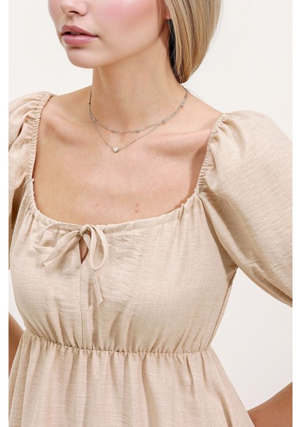 Kadın BDART Kemerli Kısa Mini Elbise ile Kare Yaka Krem Doğal