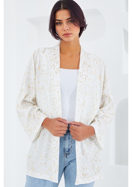 Kadın BDART Desenli Pompom Detaylı Şal Yaka Kimono Bej Doğal
