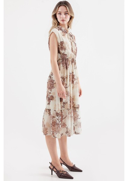 Kadın BDART Çiçek Desenli Midi Elbise ile Kemer Brown