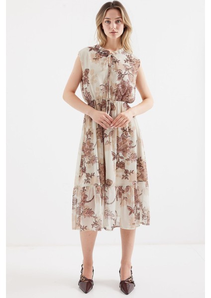 Kadın BDART Çiçek Desenli Midi Elbise ile Kemer Brown