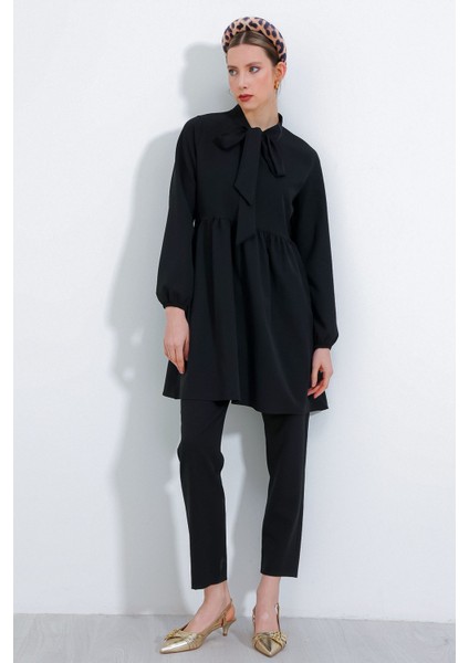 Kadın BDART Uzun Tunik ve Pantolon İkili Set, Gömlek Yaka Black