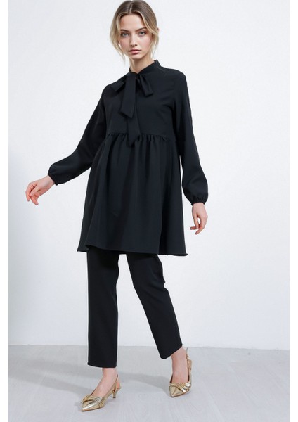Kadın BDART Uzun Tunik ve Pantolon İkili Set, Gömlek Yaka Black