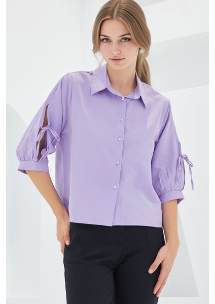 Kadın BDART Fiyonk Detaylı Kısa Gömlek Lila Mor