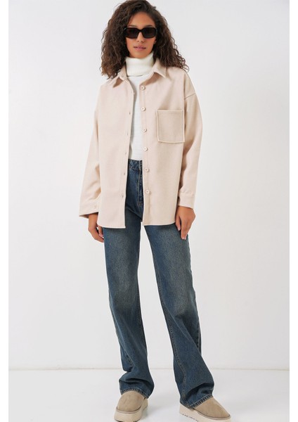 Kadın BDART Düğmeli Cepli Dokulu Örme Gömlek Krem Doğal