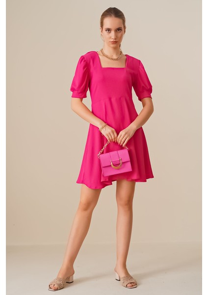 Kadın BDART Desenli Kare Yaka Mini Triko Elbise Macenta Pembesi indirimleri