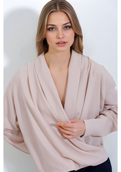 Kadın BDART Şal Yaka Bol Kesim Bluz Natural