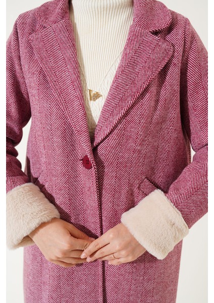 Kadın BDART Şal Yaka Kaşmir-Akrilik Herringbone Desenli Kaban Red