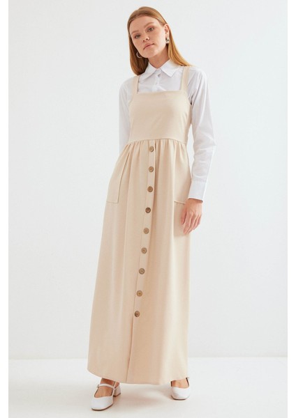 Kadın BDART Düğmeli Kare Yaka A-Form Maxi Elbise Krem Doğal