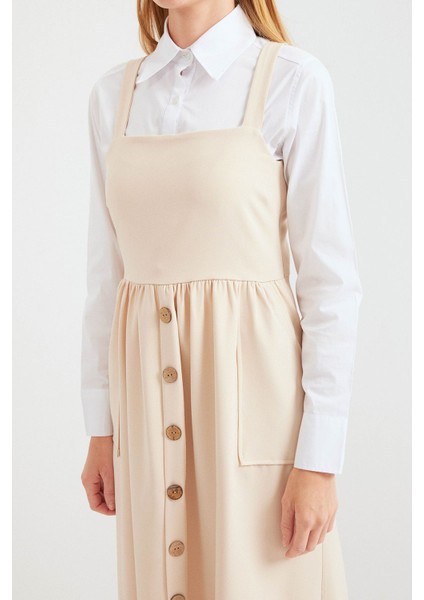 Kadın BDART Düğmeli Kare Yaka A-Form Maxi Elbise Krem Doğal