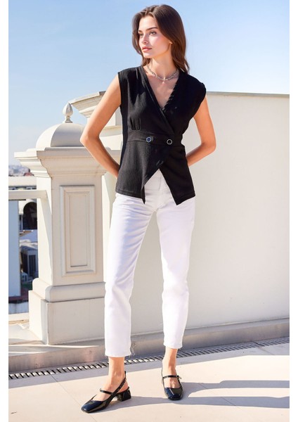 Kadın BDART Dokulu V Yaka Fitilli Yelek Black