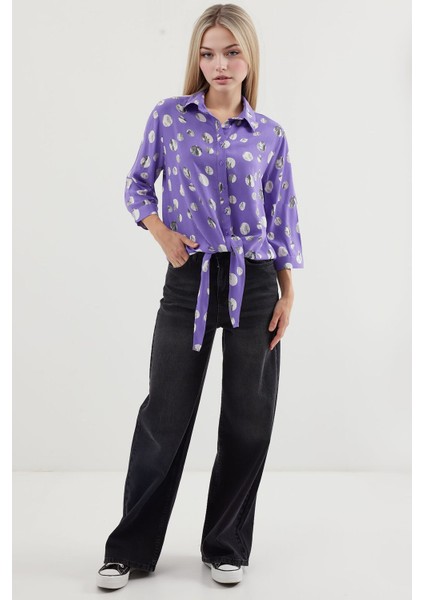 Kadın BDART Fiyonk Detaylı Desenli Viskon Gömlek Purple