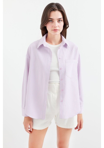 Kadın BDART Cep Detaylı Geniş Kesim Çizgili Poplin Gömlek Karanfil Pembesi fırsatları