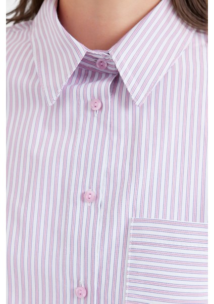 Kadın BDART Cep Detaylı Geniş Kesim Çizgili Poplin Gömlek Karanfil Pembesi